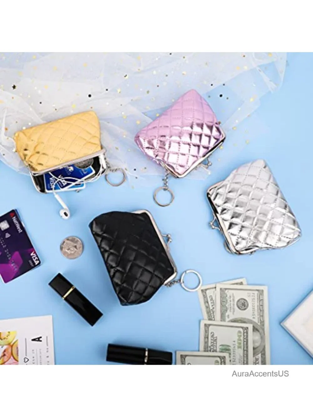 4 Packs Quilted Coin Purse PU Leather Change Pouch Kiss-lock Wallet Card Holder